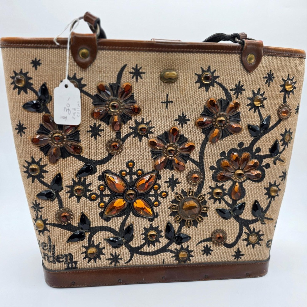Enid‎ Collins Jewel Garden III Vintage 1960s Beaded Canvas Leather Bag Tote